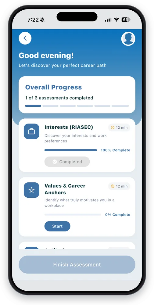 The app’s career assessment screen, showing progress across the six modules