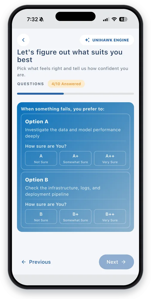 A career-comparison scenario question in the app, with a ‘how sure are you?’ rating for each option