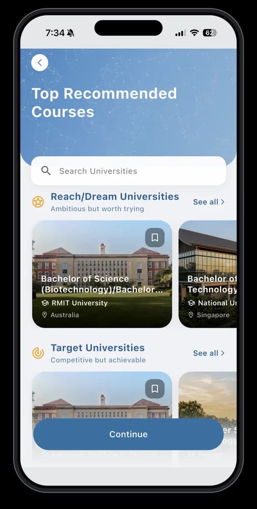The app’s Top Recommended Courses screen, grouped into reach and target universities