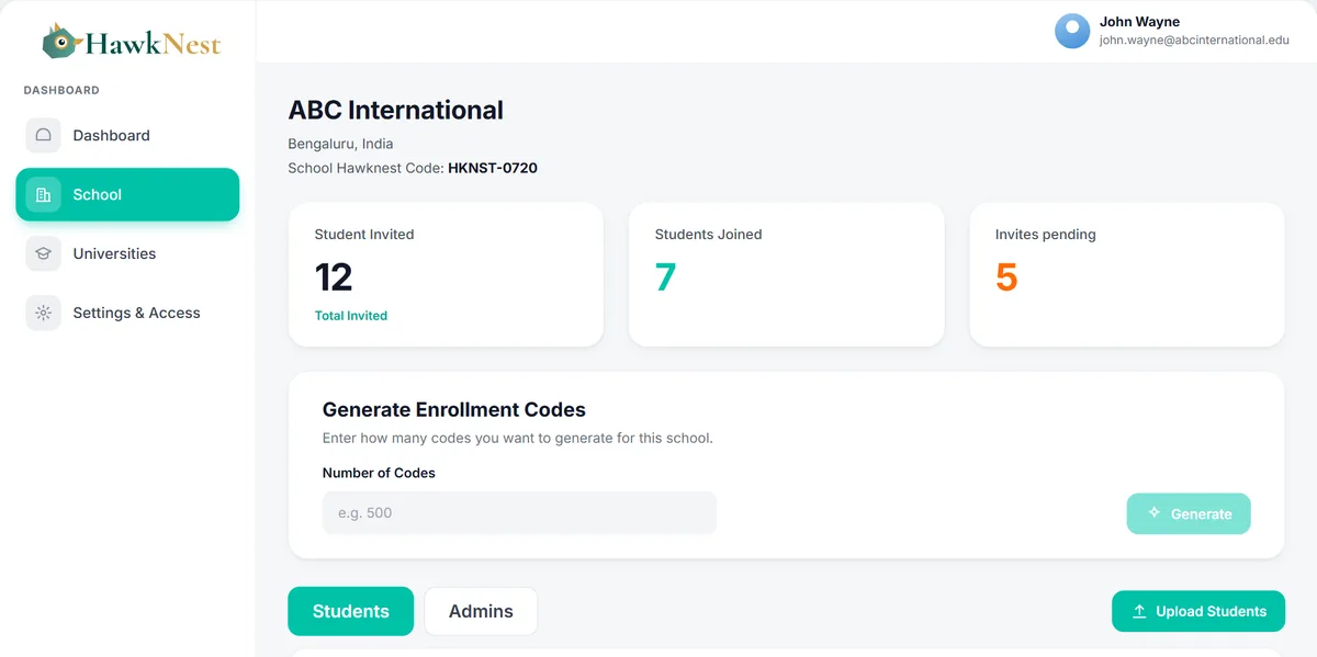 School admin page with invite counts, enrolment codes and an Upload Students button