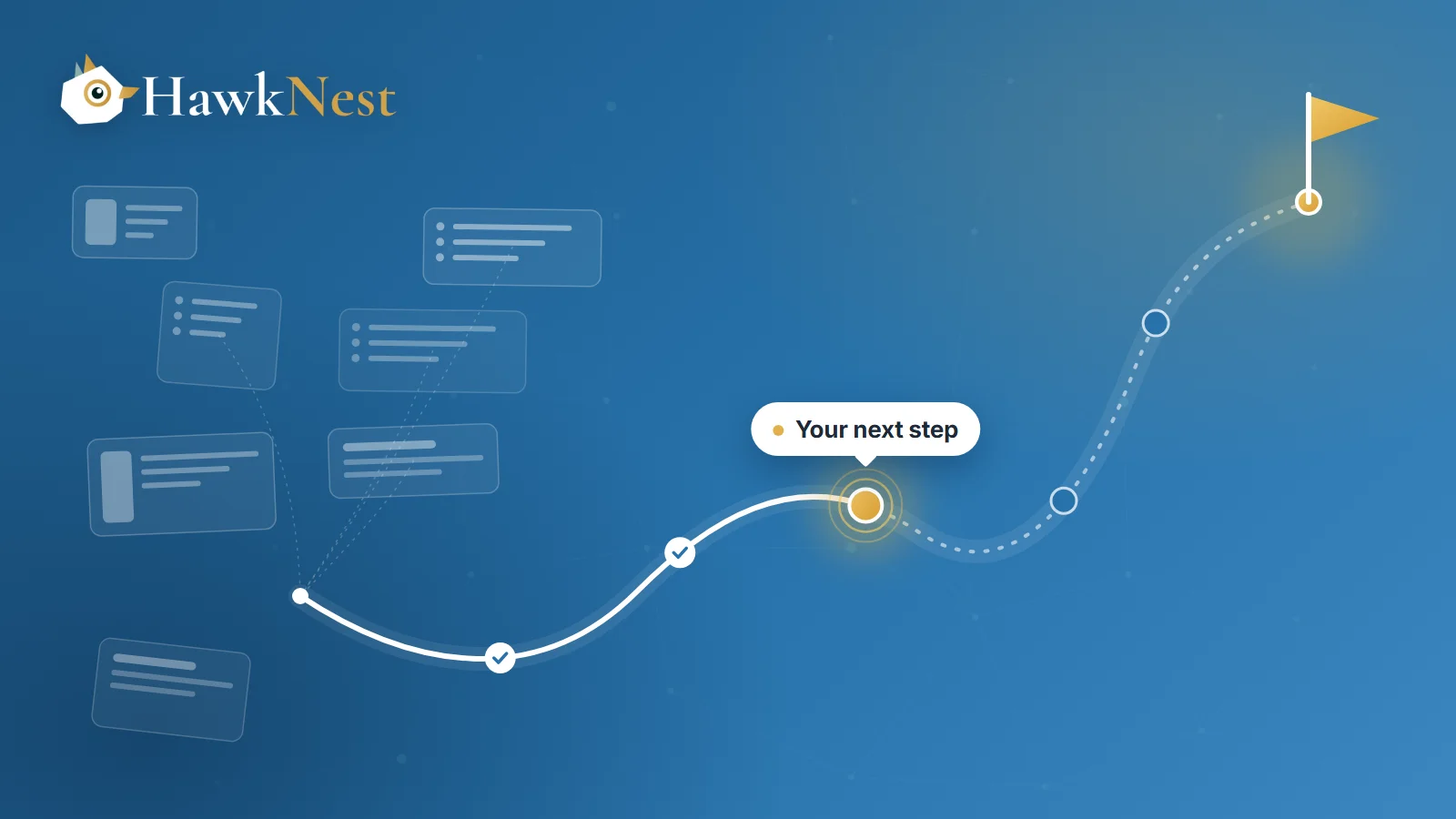 A winding roadmap rising from scattered search results and rankings to a gold flag, with the student’s next step highlighted